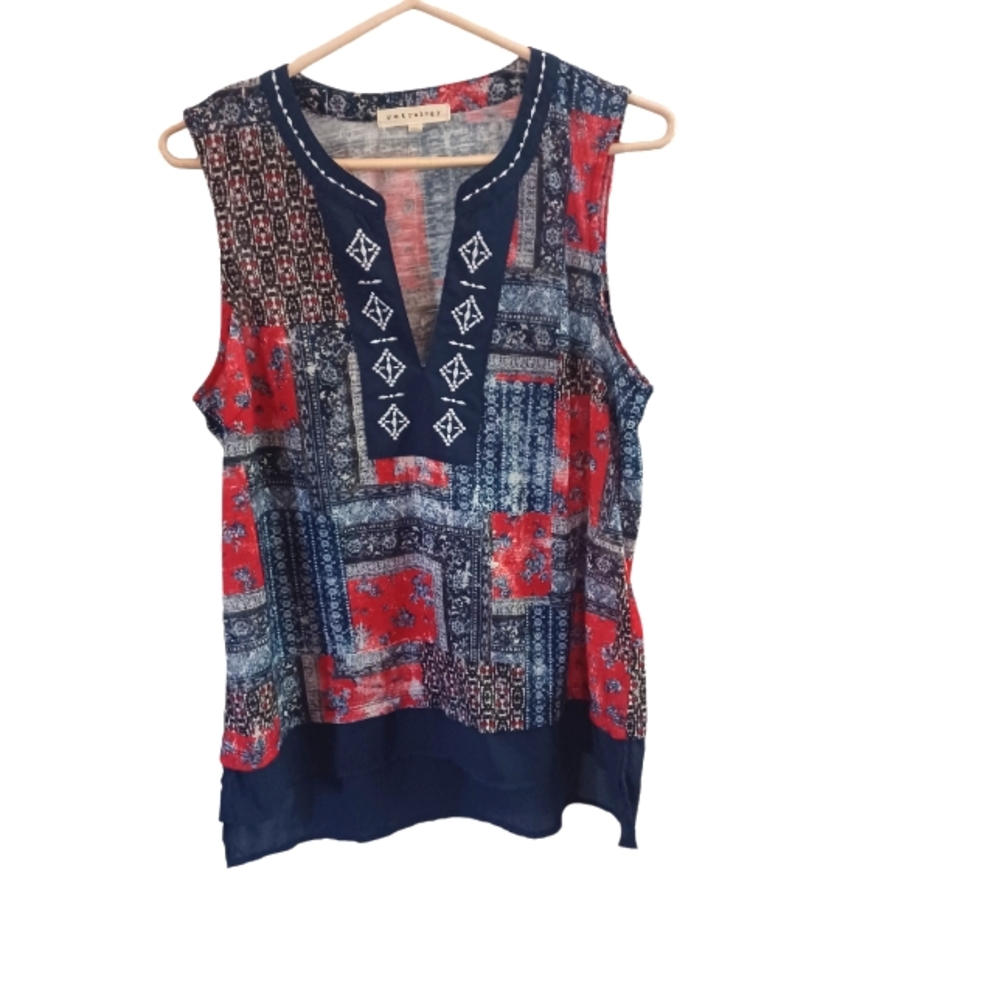 Retrelogy VNeck sleeveless top/tunic  blue/red/white  Size M